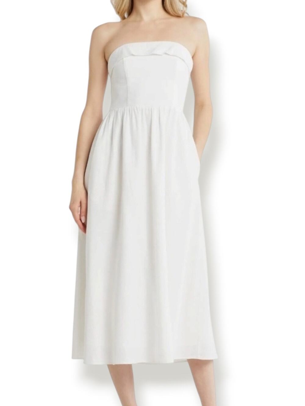 WAYF‎ Amalia Strapless Linen Blend White Midi Dress Coastal Euro Summer Romantic